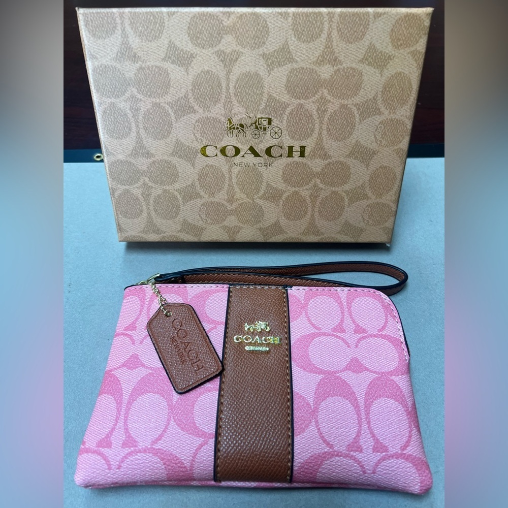 Coach Corner Zip Wristlet in Signature Canvas with Stripe (box included)